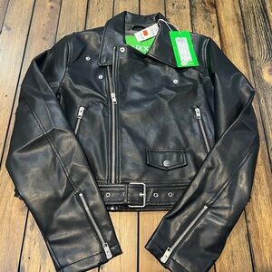 NWT JJXX Faux Black Leather Motor Cropped Jacket Womens Size Large